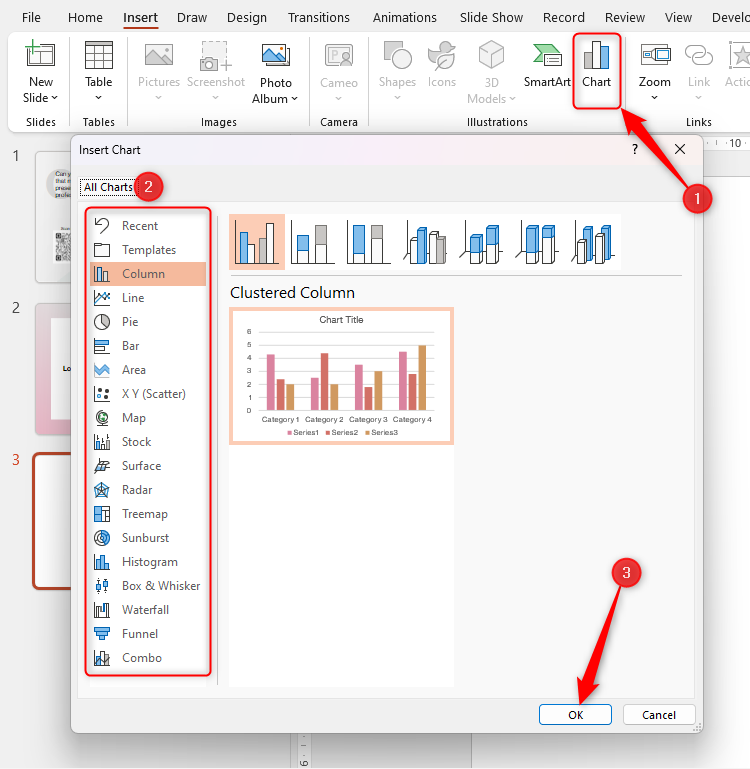 The Insert Chart dialog box in Microsoft PowerPoint.