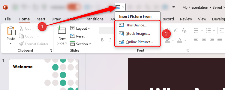 The Insert Pictures drop-down menu in the QAT of a PowerPoint file.