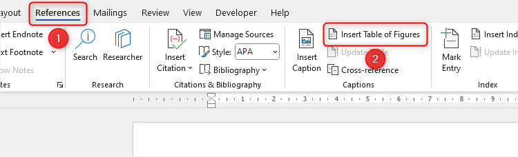 The Insert Table Of Figures button in Word's References tab.