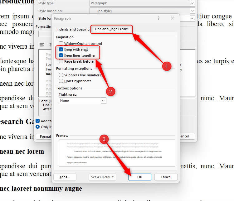 The Keep With Next and Keep Lines Together options are checked in Word's Paragraph Style dialog box.