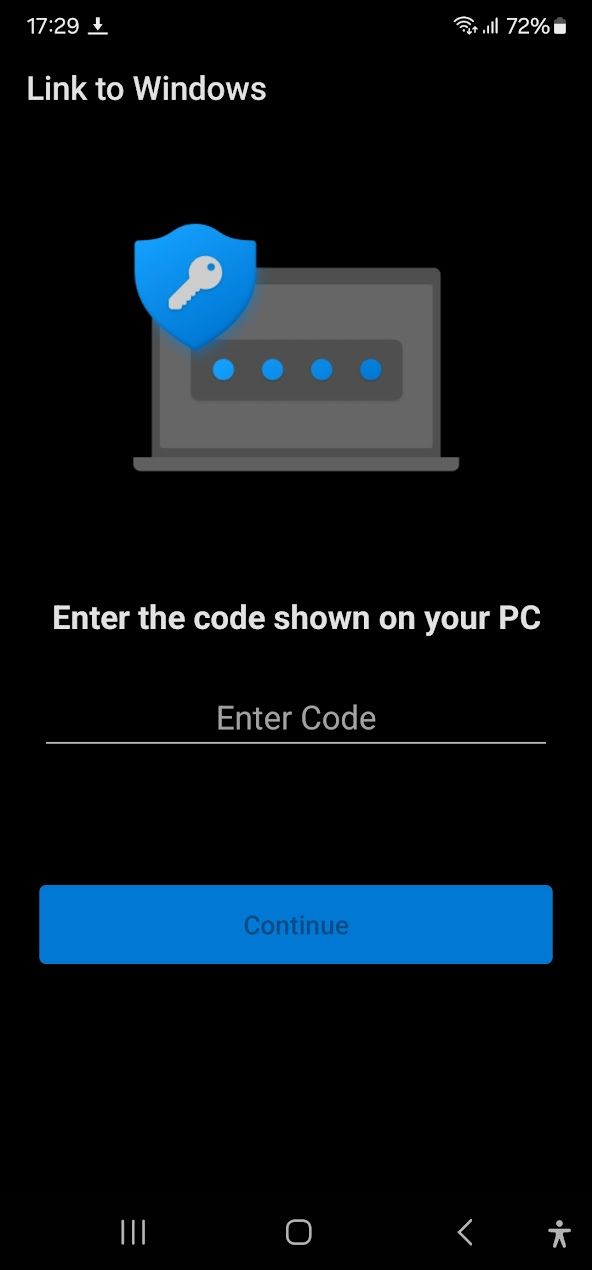 The Link to Windows code prompt.