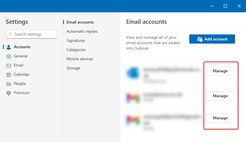 The 'Manage' buttons are selected in new Outlook's Email Accounts settings pane.