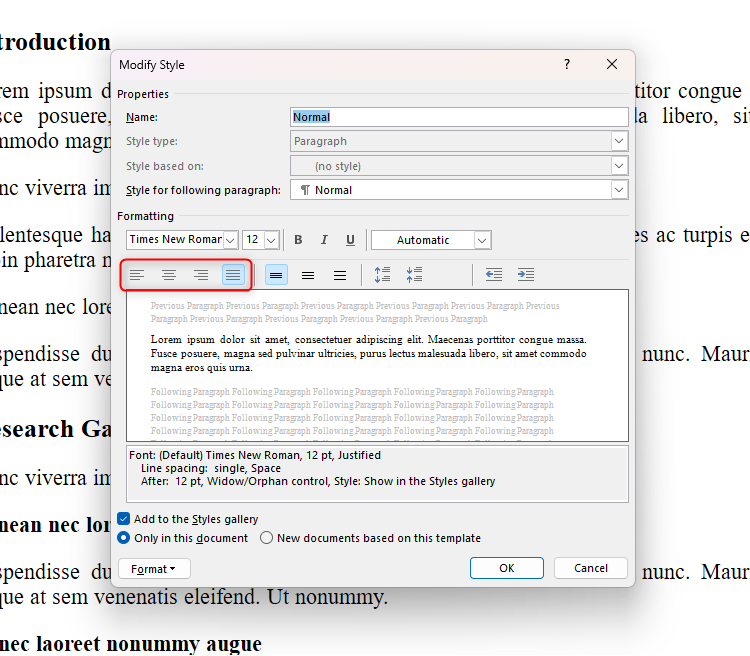 The Modify Style dialog box, with the vertical alignment options highlighted.