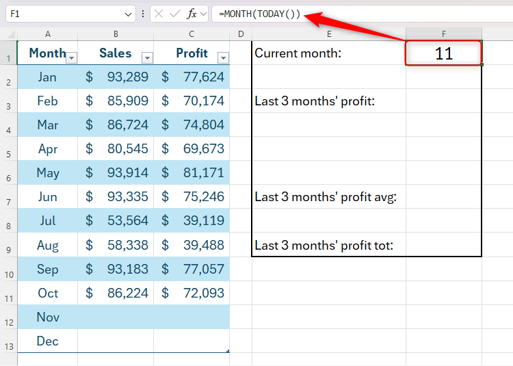 The MONTH and TODAY functions in Excel being used together to display the current month number.