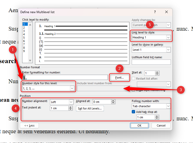 The multilevel list dialog box in Microsoft Word, with various different options selected.