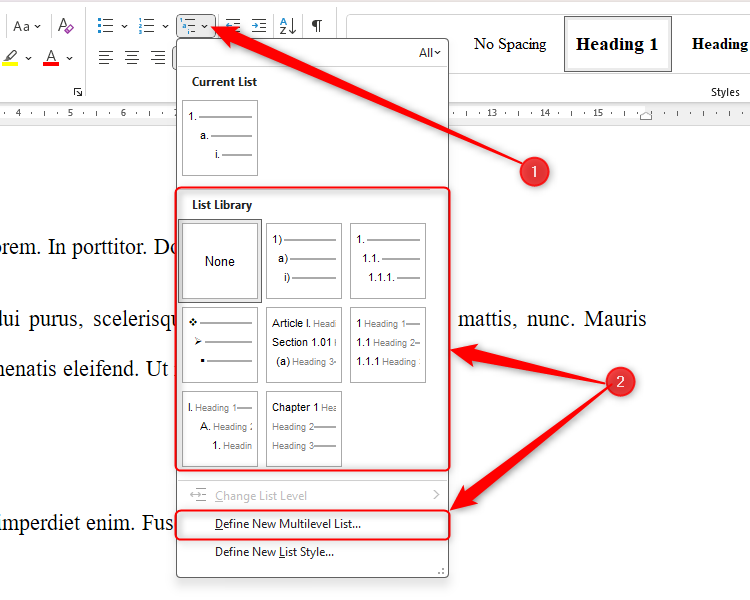 The multilevel list drop-down in Microsoft Word.