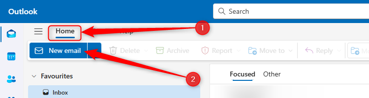 The New Email button is highlighted in the Home tab on the ribbon in the new Outlook desktop app.