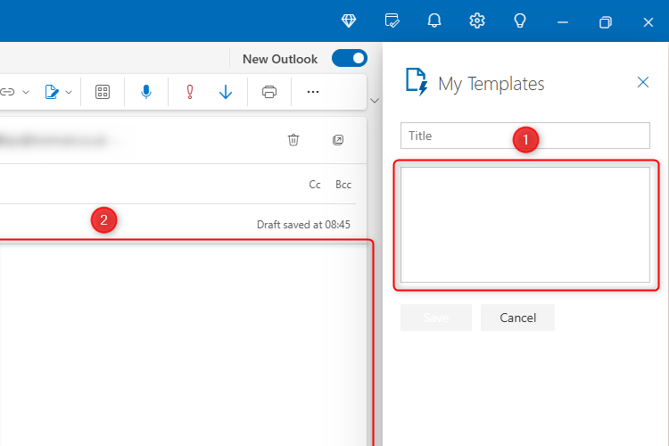 The new Outlook for Windows app, with the My Templates message area labeled as '1,' and the Message pane area labeled as '2.'