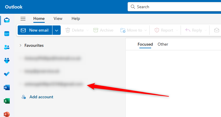 The new Outlook Navigation pane showing three email addresses blurred out.