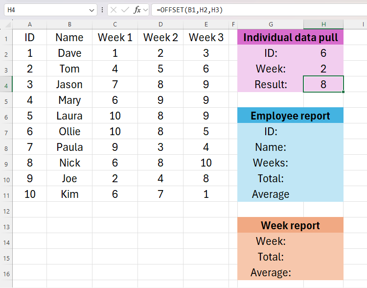 The OFFSET function being used in Excel to extract data from a single cell.