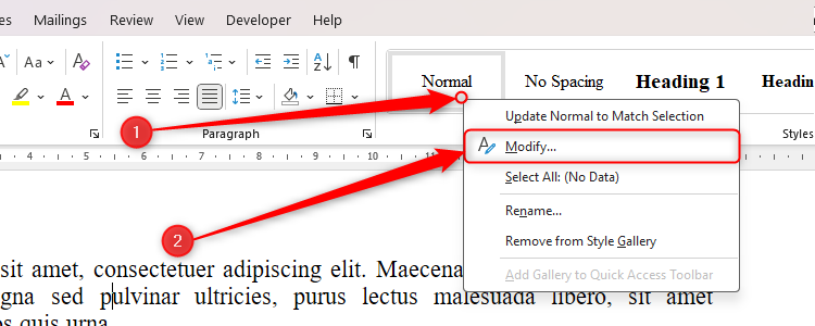 The option to Modify the Normal style in Microsoft Word is selected.