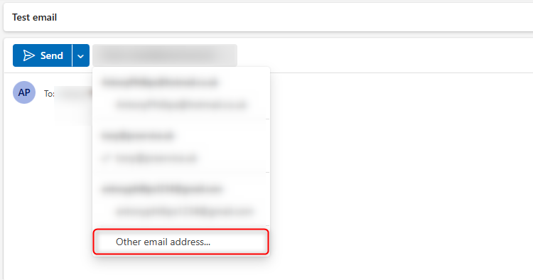 The Other Email Address option in a reply in the new Outlook.