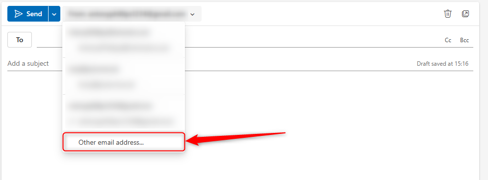 The Other Email Address option in the new Outlook 'From' field.