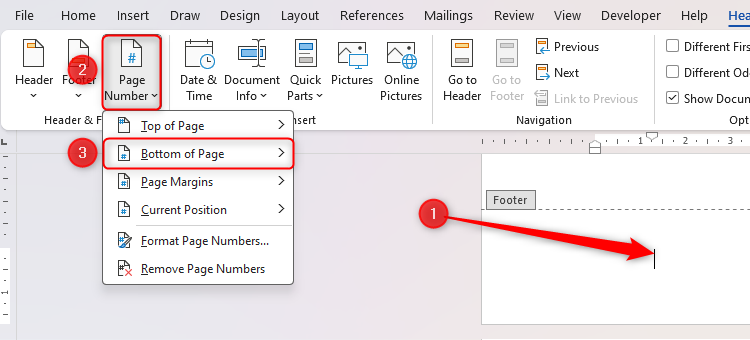 The Page Number menu in Microsoft Word.