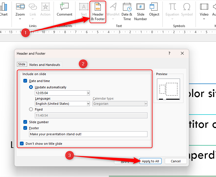 The PowerPoint Header And Footer dialog box, with various options selected and modified.