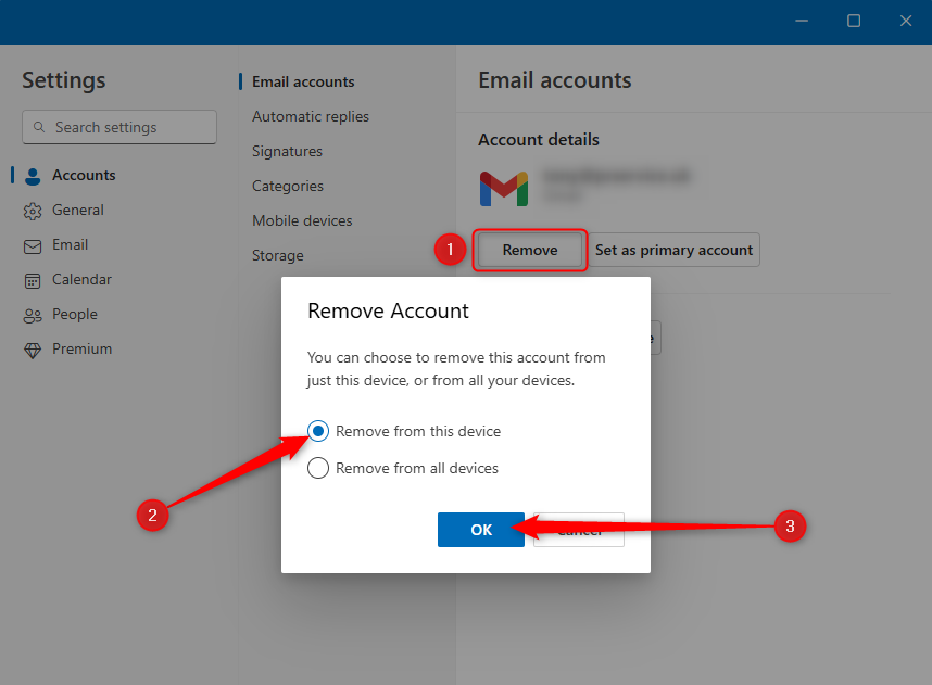 The process of removing an account from the new Outlook through the app's settings.