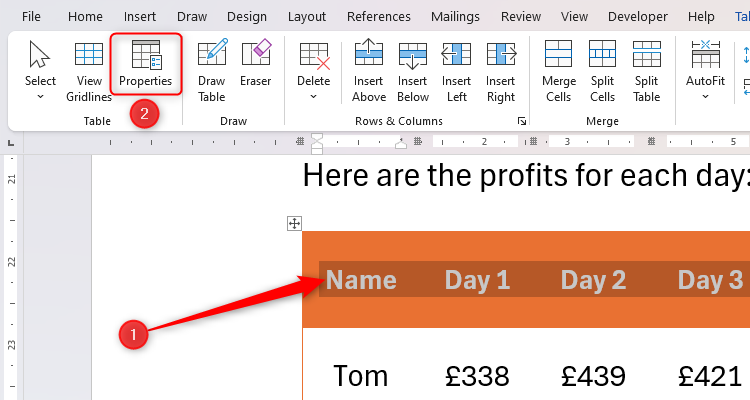 The Properties icon in the Table Layout tab in Microsoft Word.