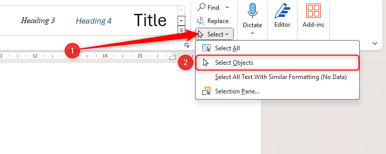 The Select and Select Objects tools in the Home tab in Microsoft Word.