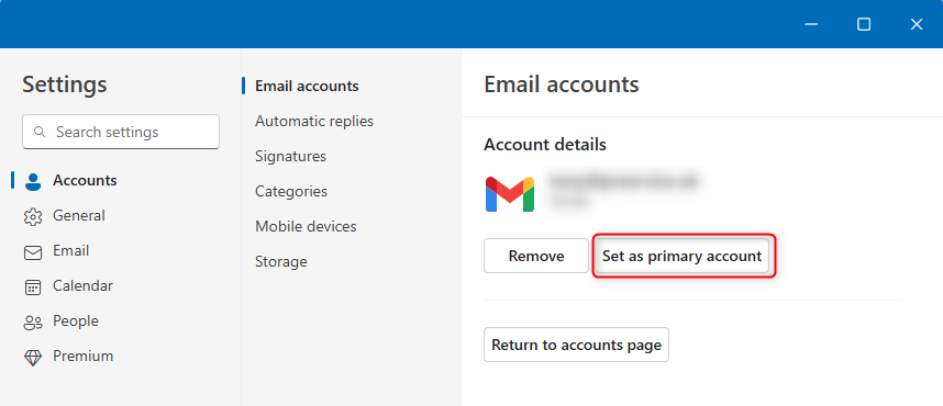 The Set As Primary Account button in the new Outlook's settings.