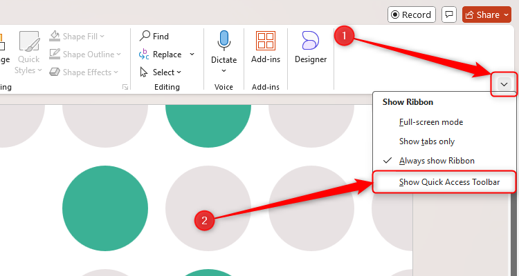 The Show Quick Access Toolbar option in Microsoft PowerPoint.