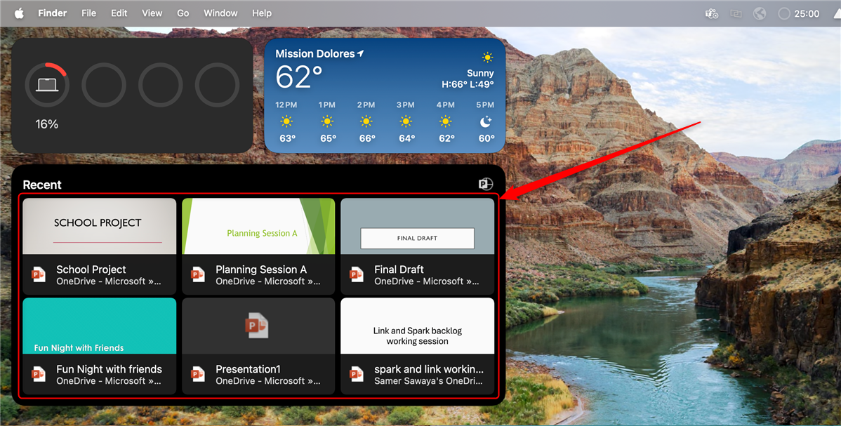 The six-file PowerPoint Recent File widget on a Mac's desktop.
