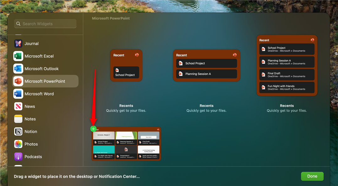 The six-file PowerPoint Recent File widget on Mac is selected for addition to the desktop.