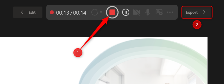 The Stop icon at the top of the Presenter View during a PowerPoint recording is highlighted, and the Export button is selected.