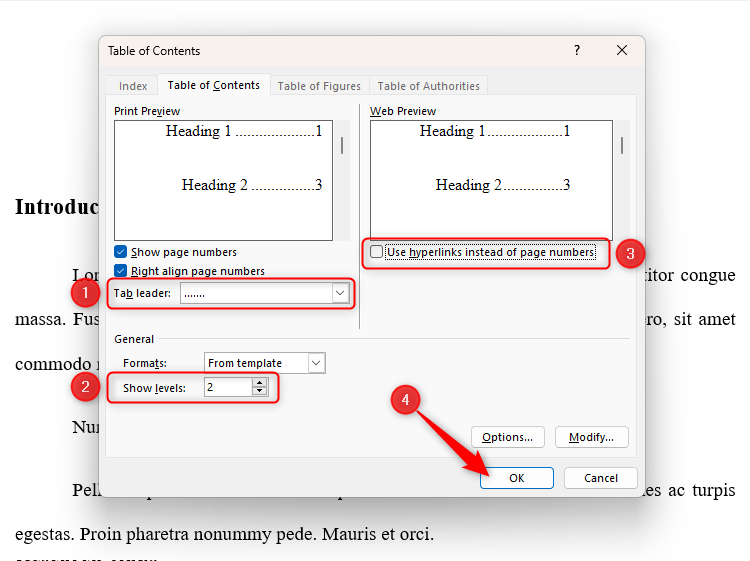 The Table Of Contents dialog box in Microsoft Word, with the different options highlighted and selected.