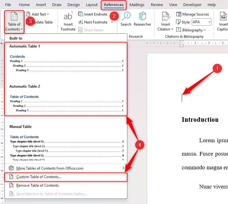 The Table Of Contents drop-down menu in Microsoft Word.