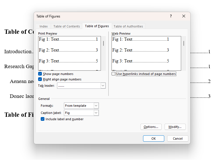 The Table Of Figures dialog box in Microsoft Word.