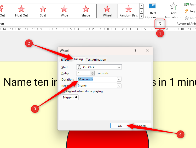 The Timing tab in the Wheel exit animation dialog box in PowerPoint, with the Duration changed to 60 seconds, and the OK button selected.