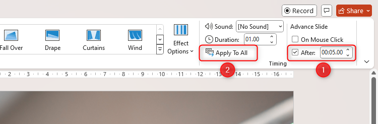 The transition timing in PowerPoint is adjusted to five seconds, and the Apply To All button is selected.