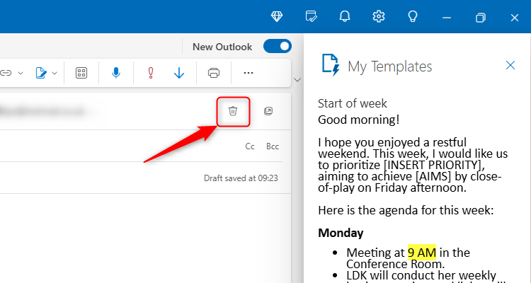 The trash icon in the Message pane in the new Outlook.