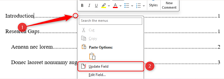 The Update Field option on a table of contents in Microsoft Word.