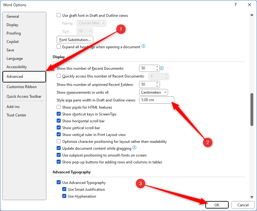 The Word Options dialog box, with the Style Pane Width changed to 5.08 cm.