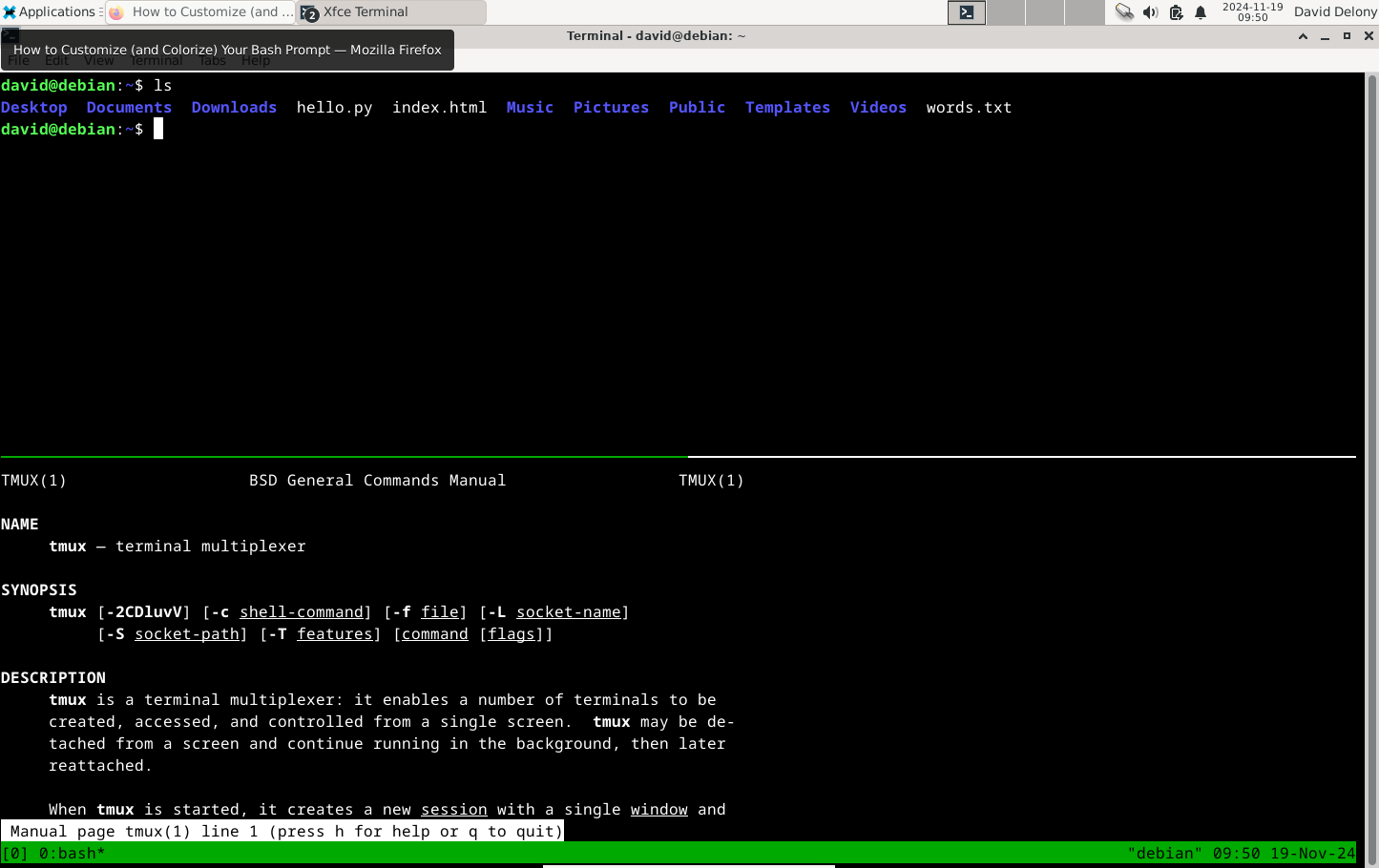 A tmux session in Linux using Xfce Terminal.