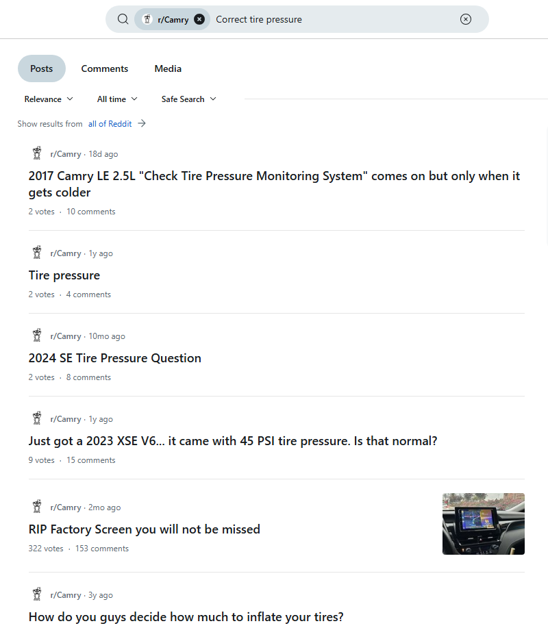 A Reddit search showing the results for "Correct tire pressure" across the r/Camry subreddit.