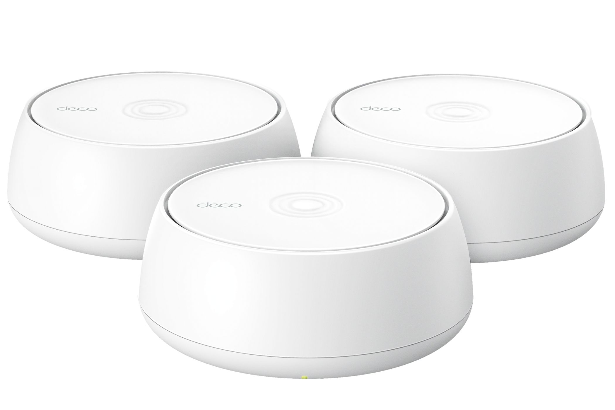 Three TP-Link Deco BE5000 Wi-Fi 7 mesh devices.