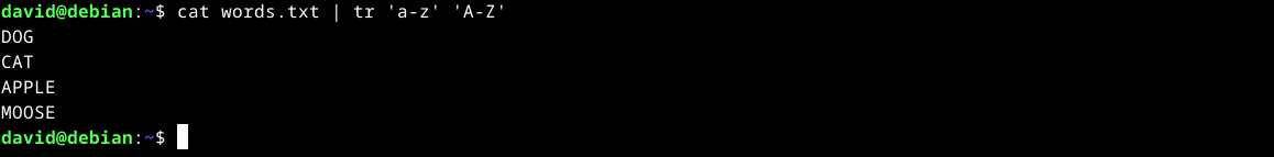 Using the tr command to change a text file to uppercase in the Linux terminal.