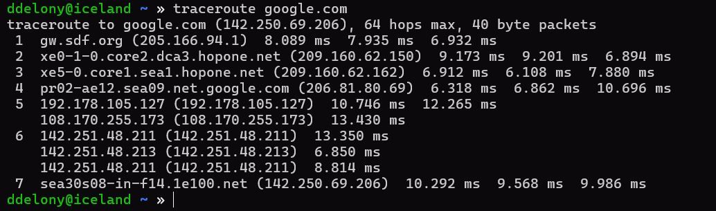 Traceroute to Google run from a shell account in the terminal.