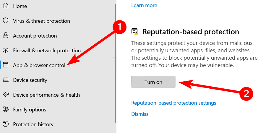 Turning on reputation-based protection in Microsoft Defender in Windows 11.