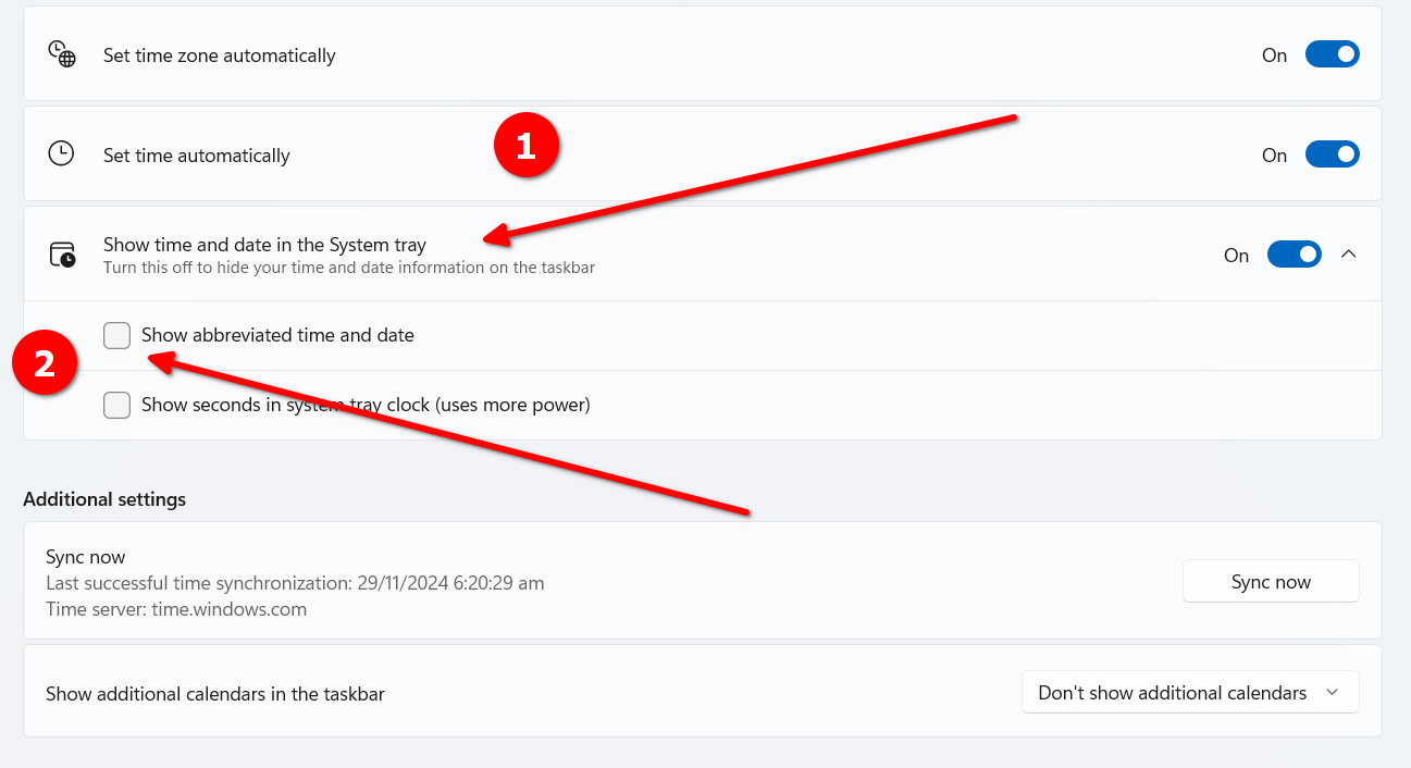 Turning off the abbreviated time and date display on the Windows System tray.