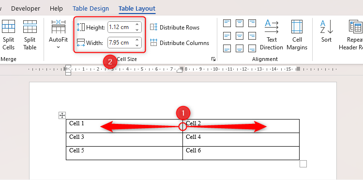 Two different ways to adjust cell sizes in a Microsoft Word table.