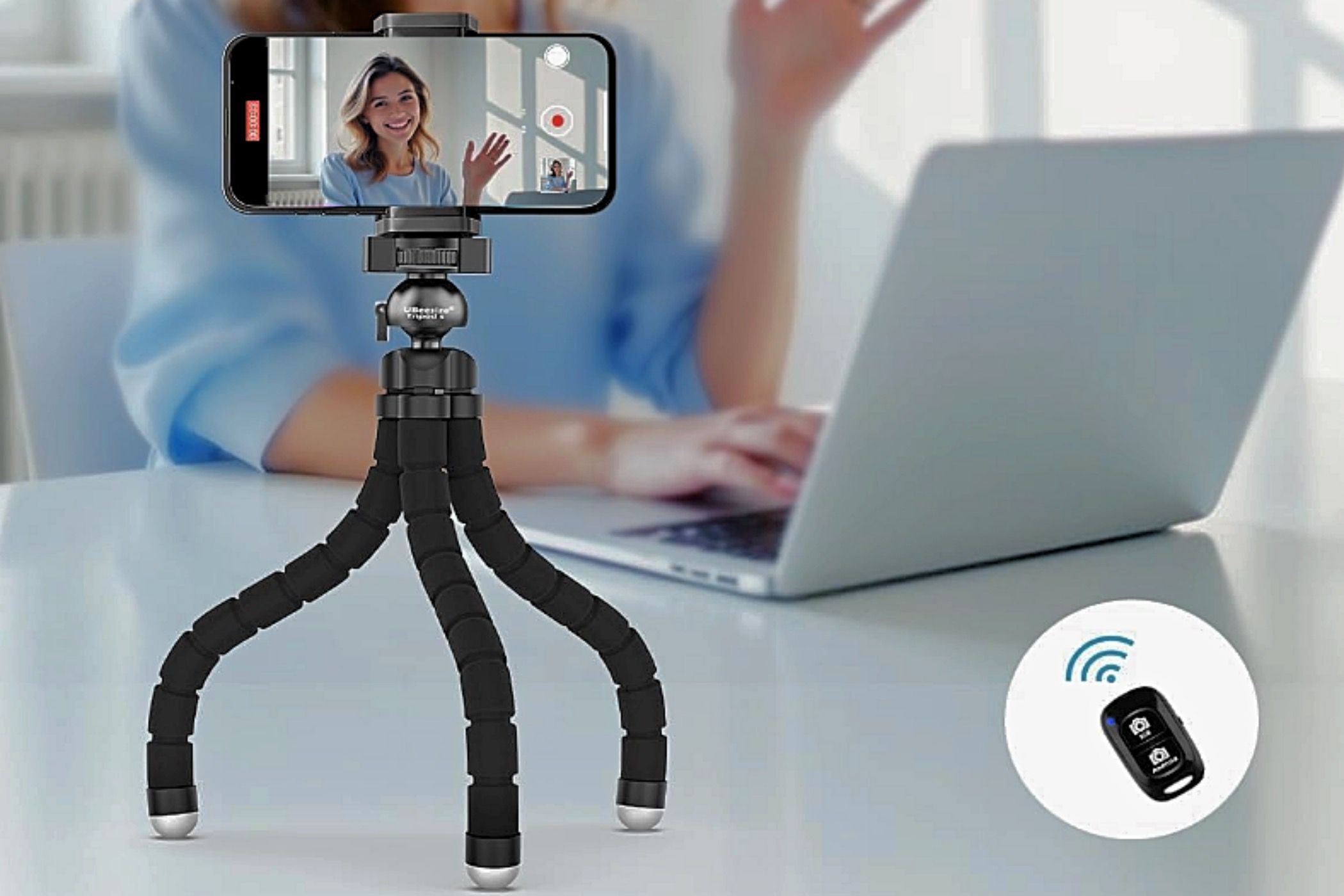 A woman using a UBeesize Tripod S to mount her smartphone.