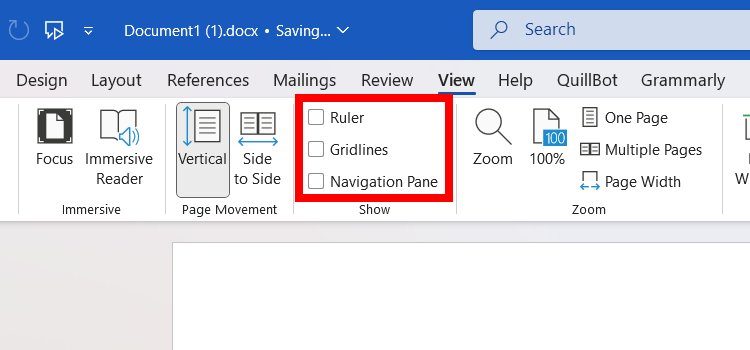 The Show section of the "View" tab in Microsoft Word on Windows.