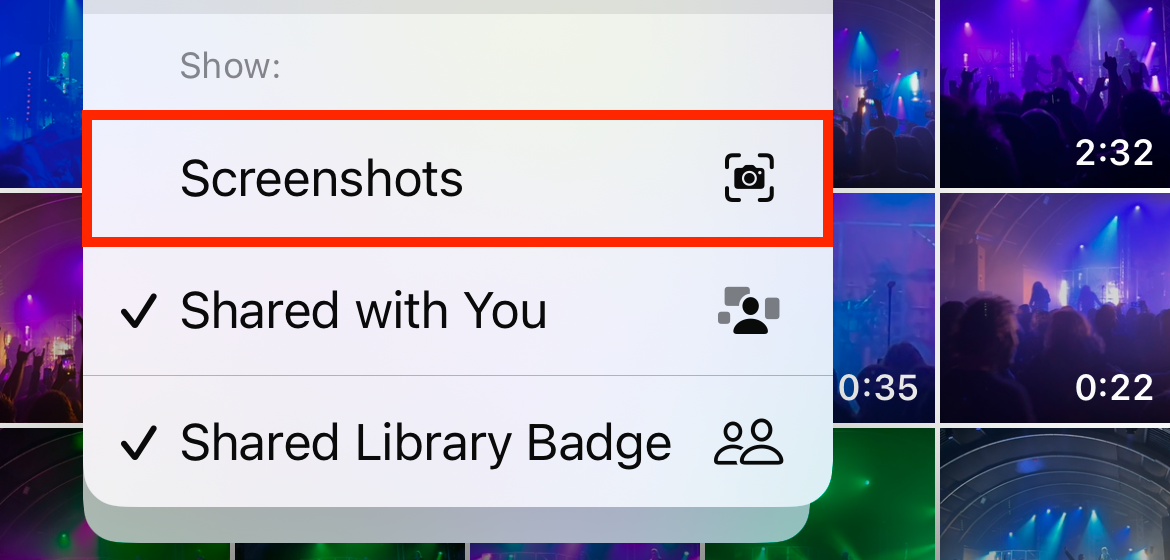 Unchecking the option for screenshots in the Photos app library.