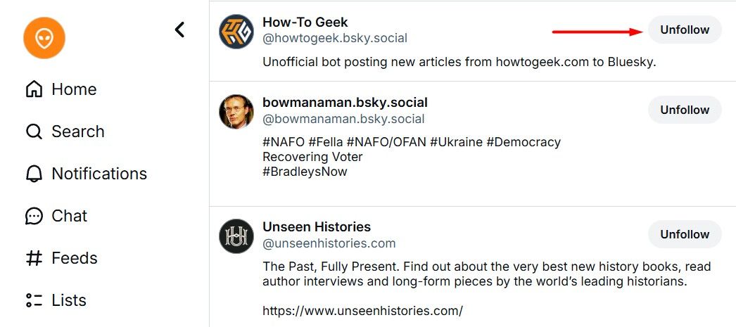 Unfollow button in Bluesky.