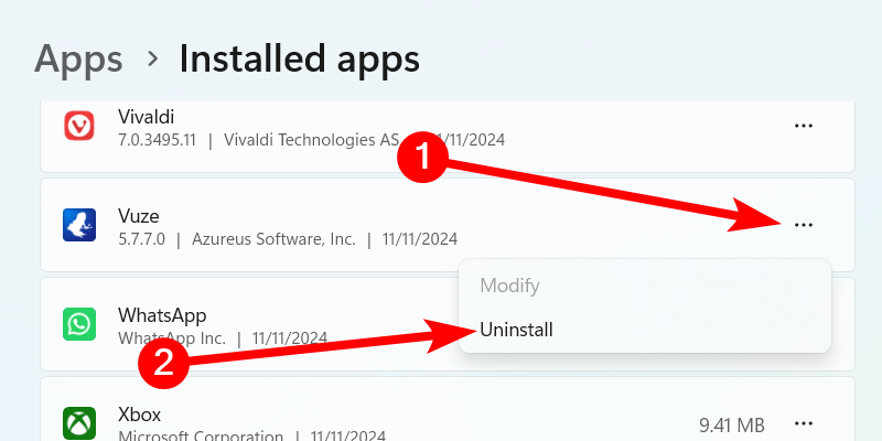 Uninstalling an app on Windows 11.