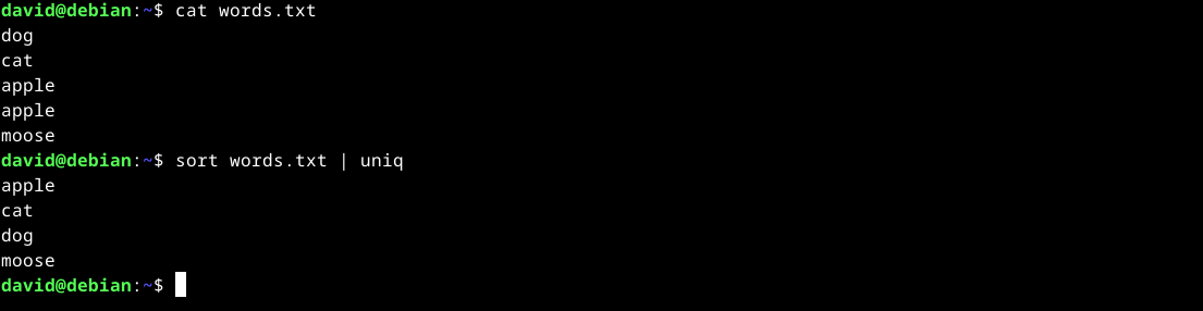 Outputting a text file with duplicate words in the Linux terminal using cat, then removing them with the uniq command.