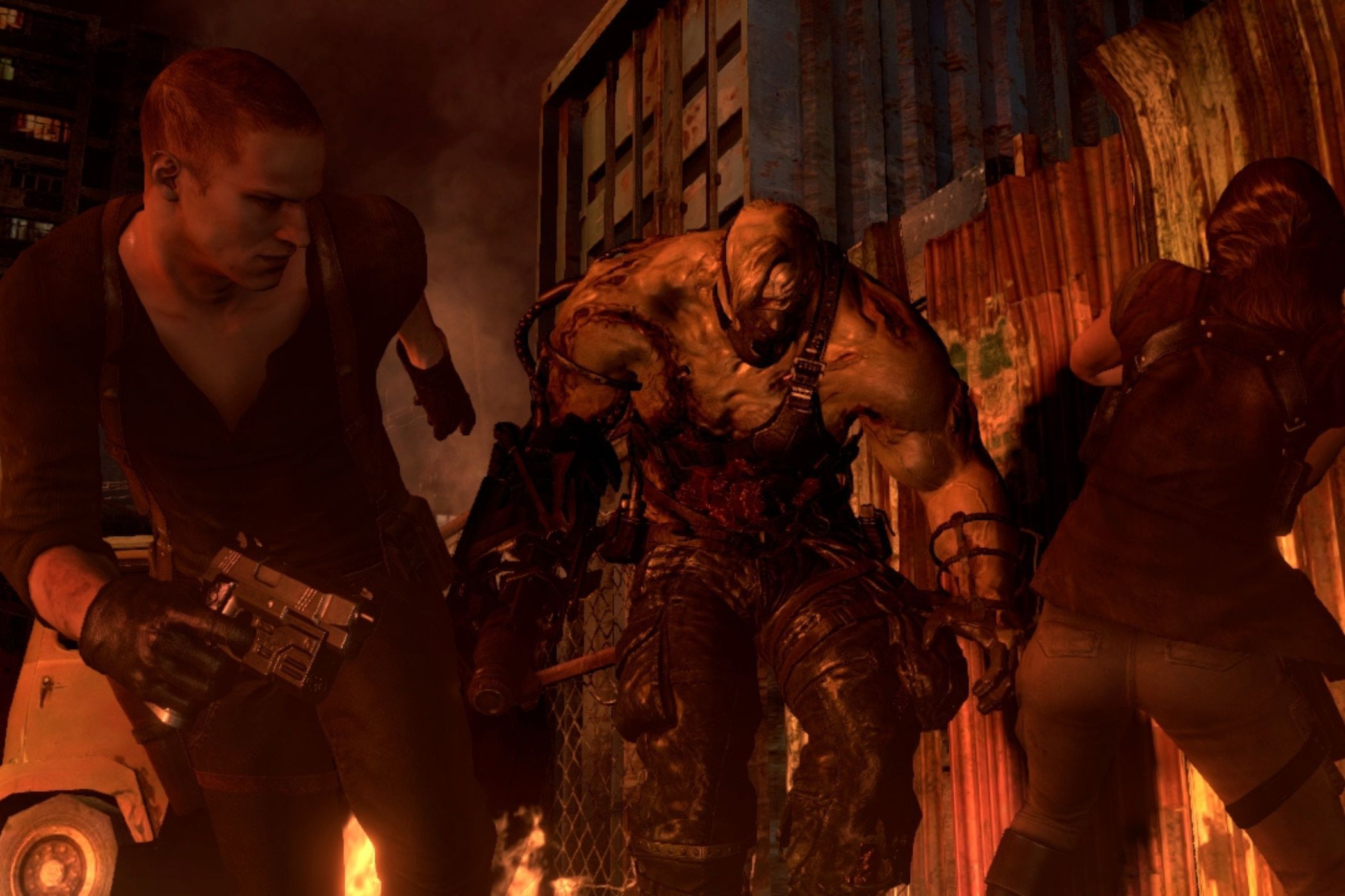 Jake and Helena run from the Ustanak in Resident Evil 6.